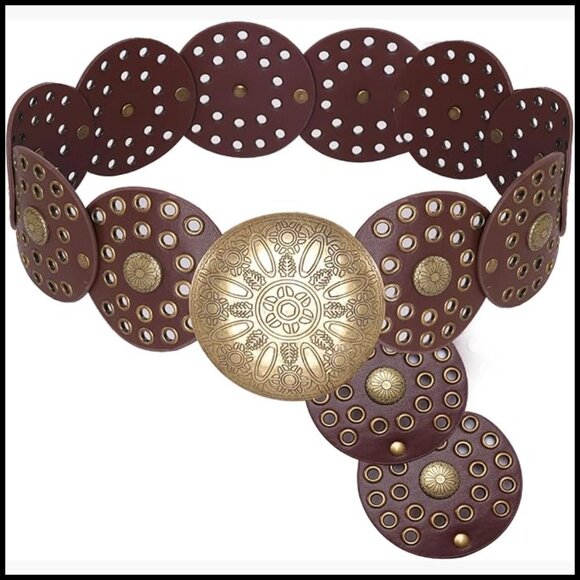 Vintage Western PU Leather Wide Disc Belt Adjustable Hollow Design main image 5
